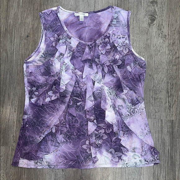 dressbarn Tops - dressbarn Purple Floral Knit Sleeveless Ruffle top Large